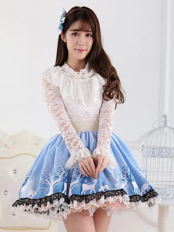 Blue Short Lolita Skirt Lace Trim Polyester Print