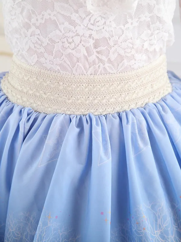 Blue Short Lolita Skirt Lace Trim Polyester Print