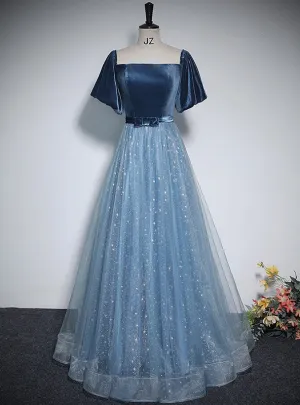 Blue Tulle Sequins Short Sleeve Velvet Prom Dresses