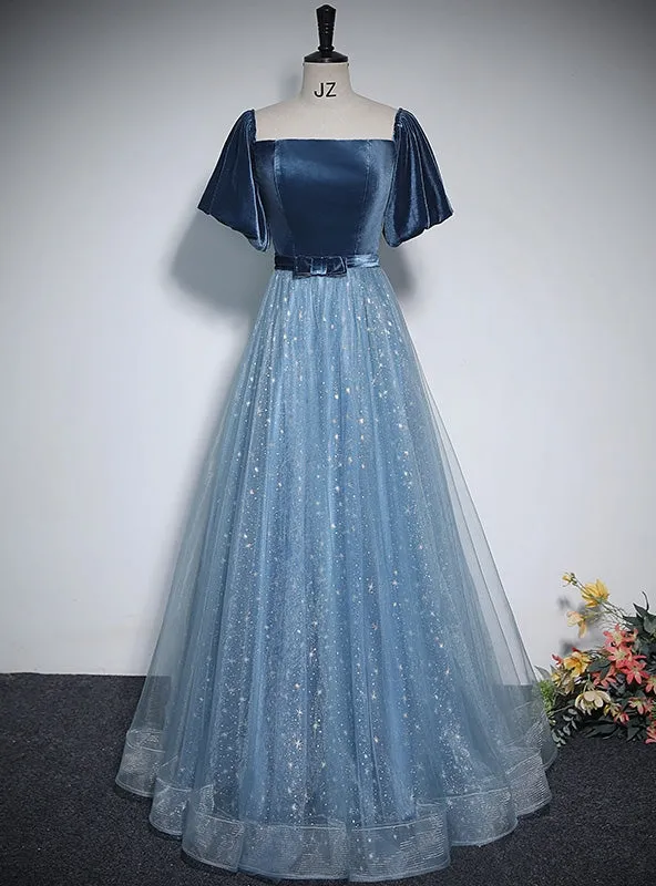 Blue Tulle Sequins Short Sleeve Velvet Prom Dresses