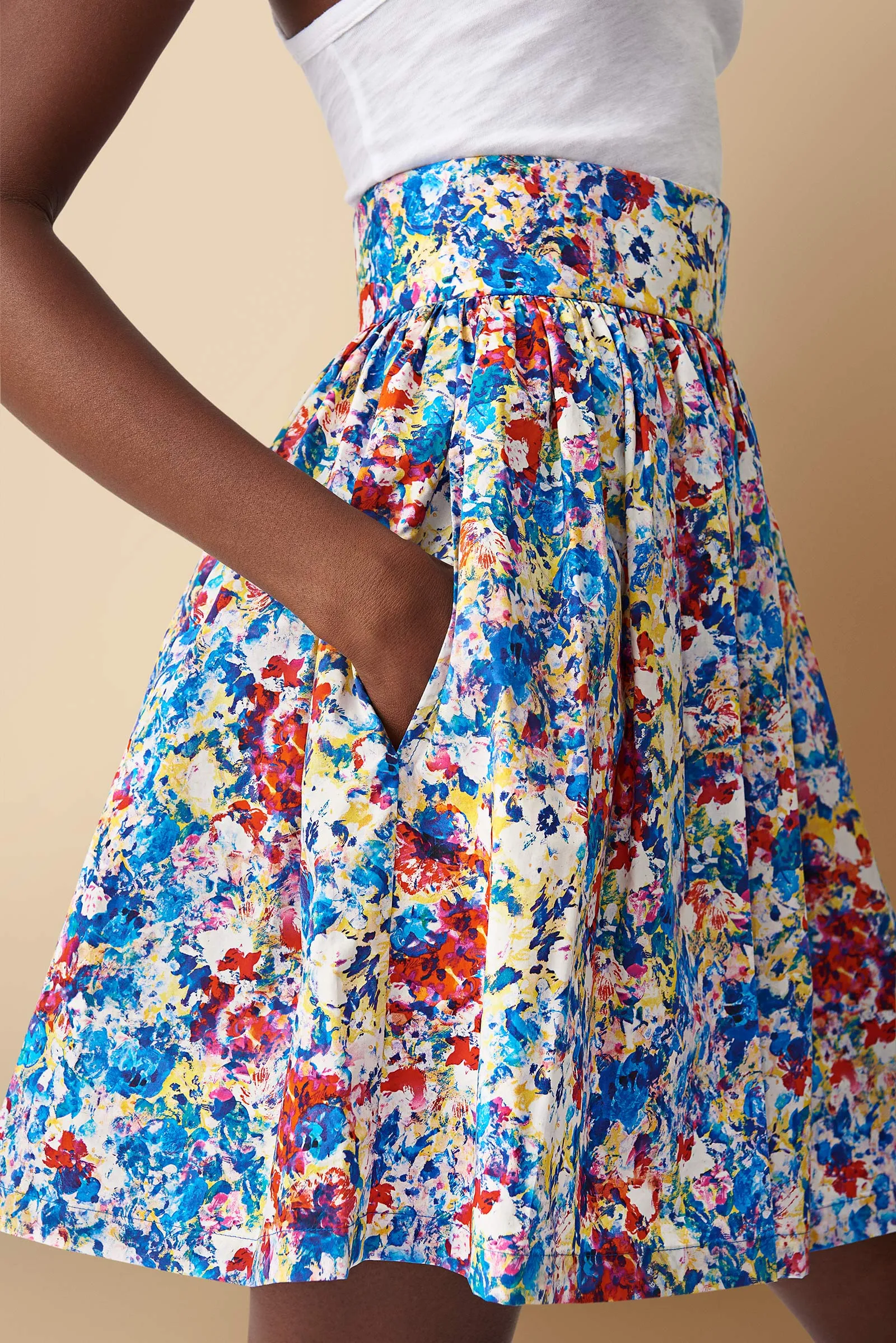 Bobo Floral Print Mini Skirt Cotton Poplin in Blue
