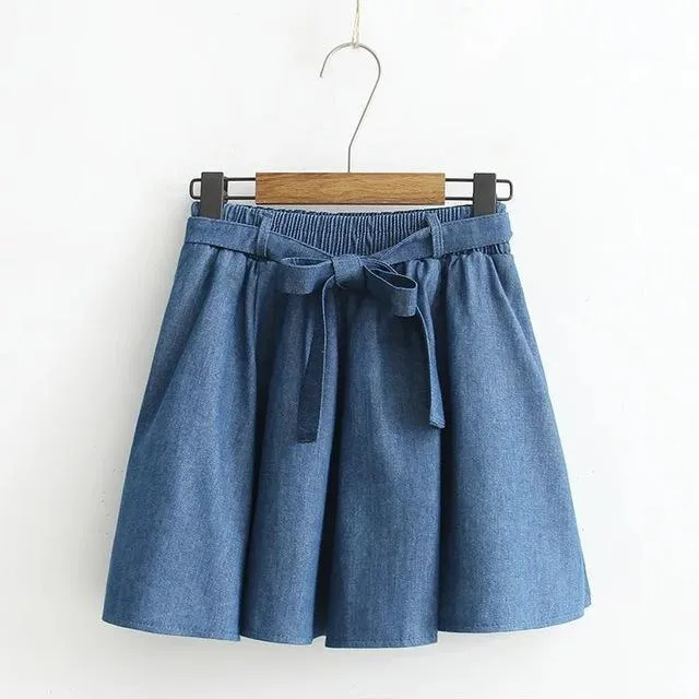 Bow Tied Elastic Waist Denim Skirt