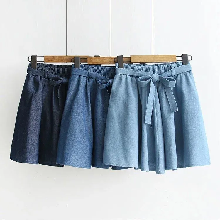 Bow Tied Elastic Waist Denim Skirt