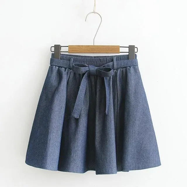 Bow Tied Elastic Waist Denim Skirt