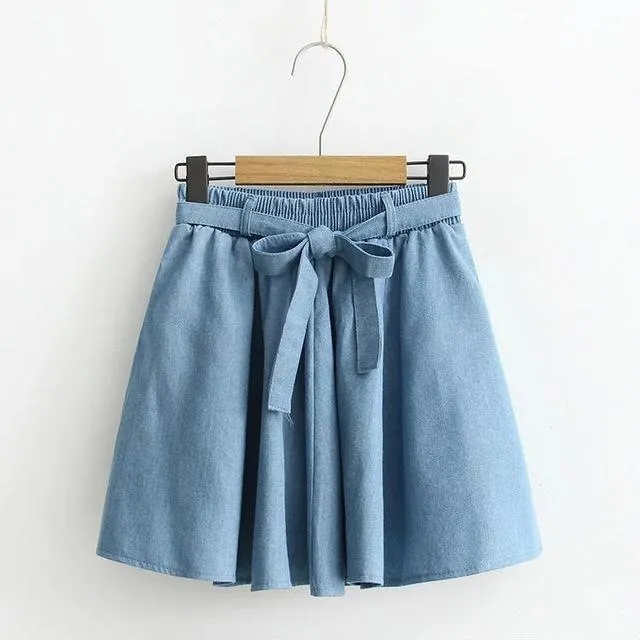 Bow Tied Elastic Waist Denim Skirt