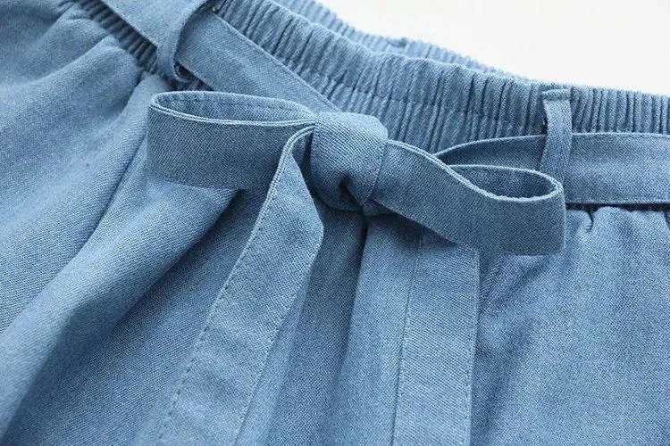 Bow Tied Elastic Waist Denim Skirt