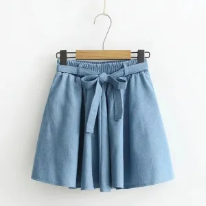 Bow Tied Elastic Waist Denim Skirt