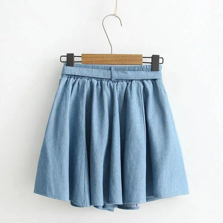 Bow Tied Elastic Waist Denim Skirt