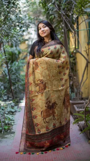 Brown Digital Print Linen Saree
