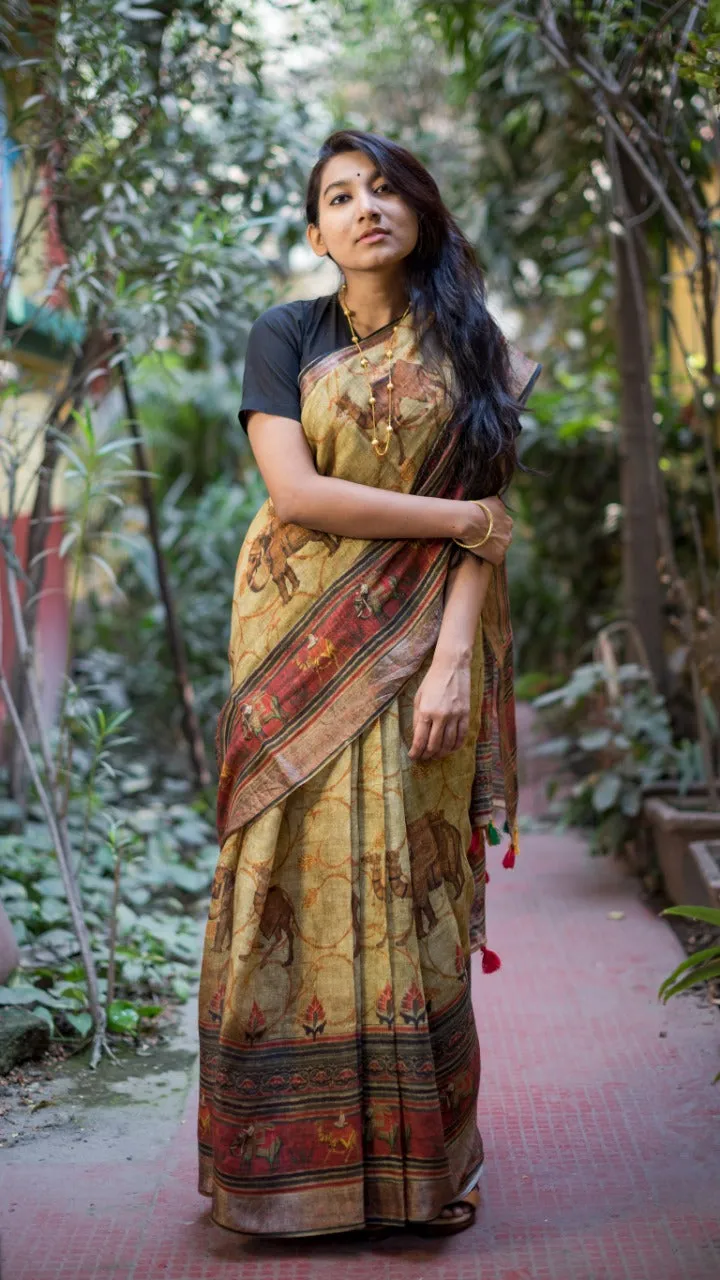 Brown Digital Print Linen Saree