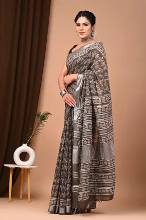 Brown Pure Linen Saree