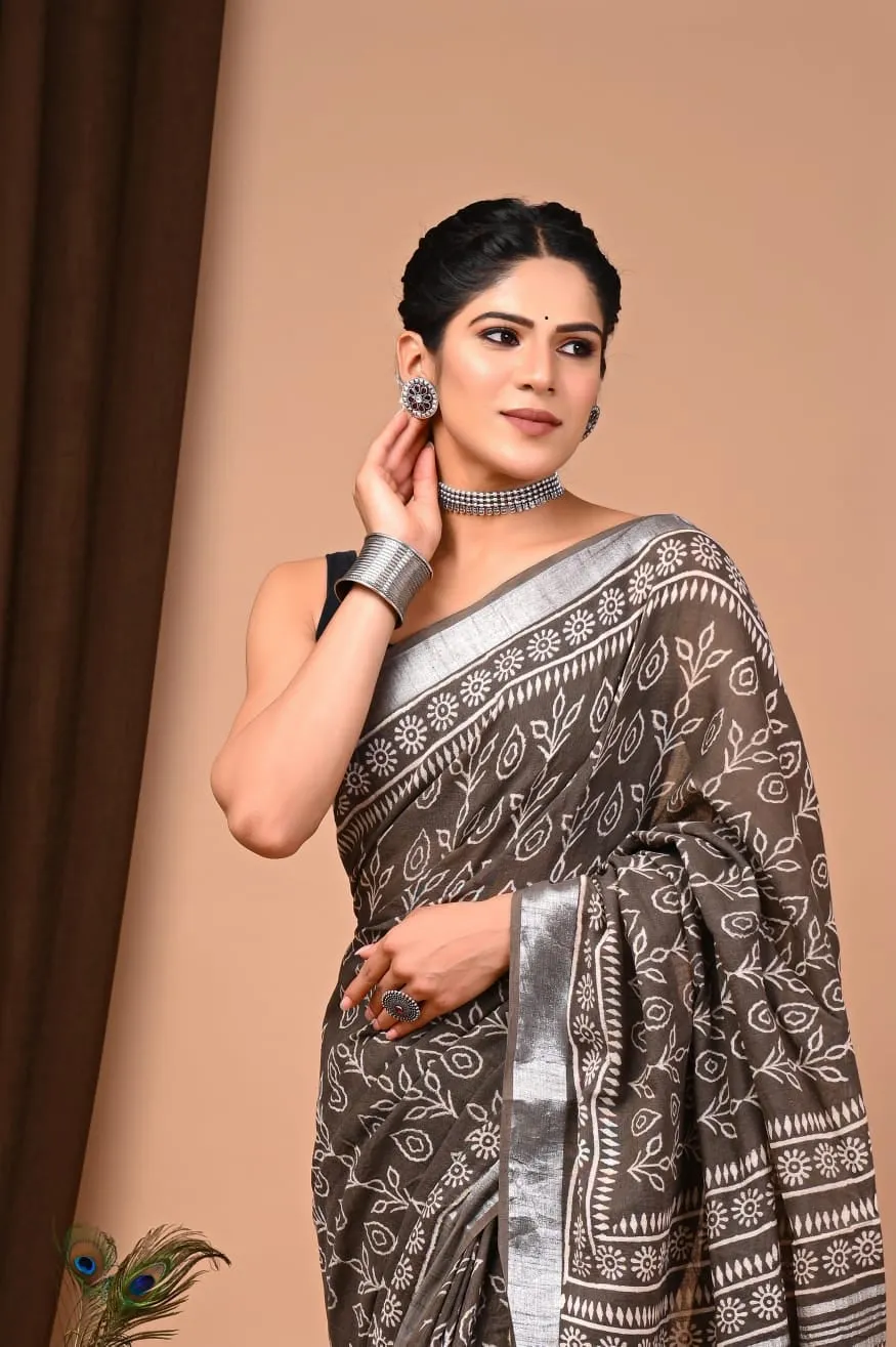 Brown Pure Linen Saree