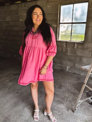 Bubble Pink Linen Red Embroidered Dress