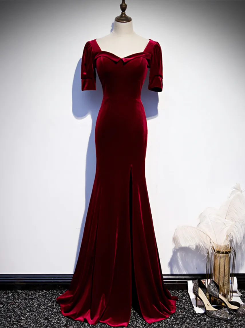 Burgundy Mermaid Velvet Short Sleeve Prom Dressess