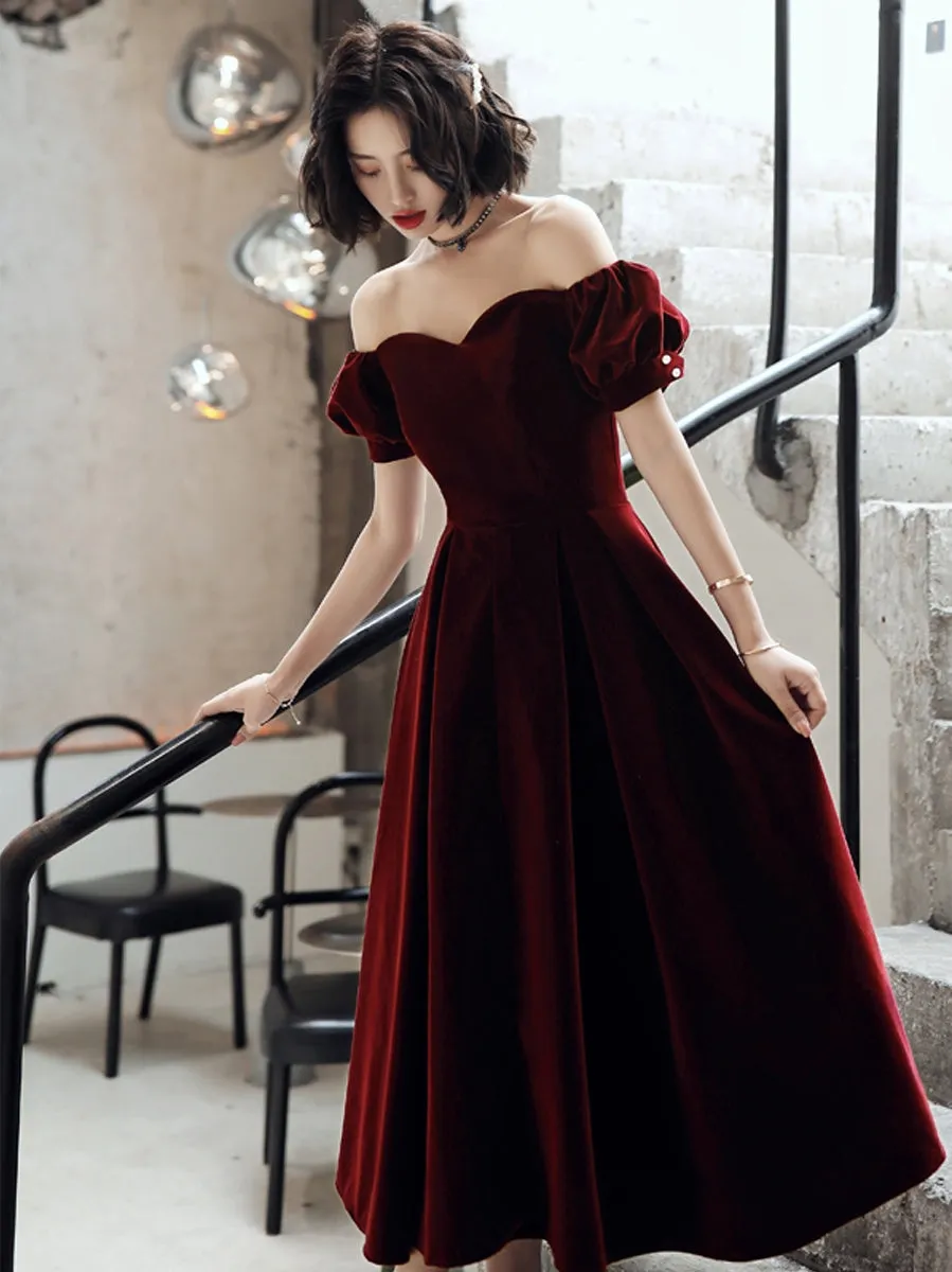 Burgundy velvet short prom Dresses party Dresses