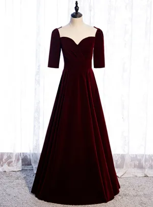 Burgundy Velvet Short Sleeve Scoop Prom Dresses