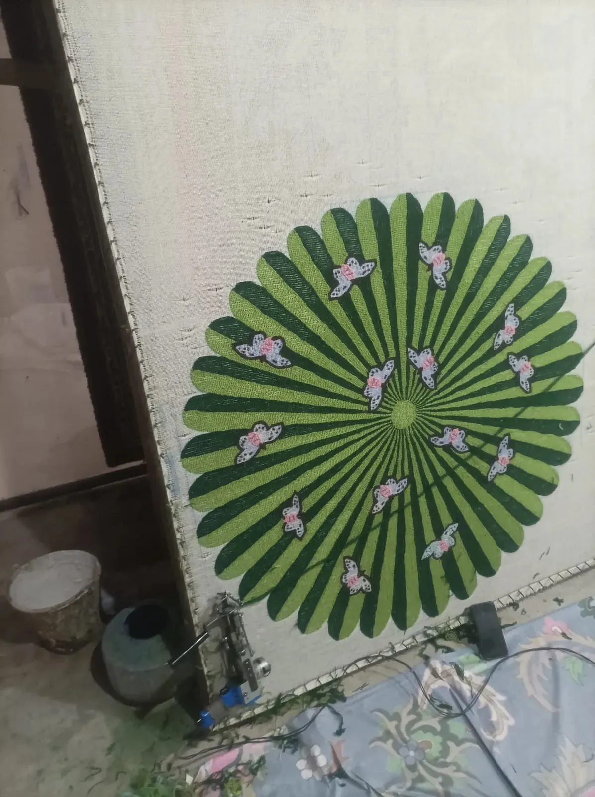 Butterflies over Flower Hand Tufted Wool Rug - Green
