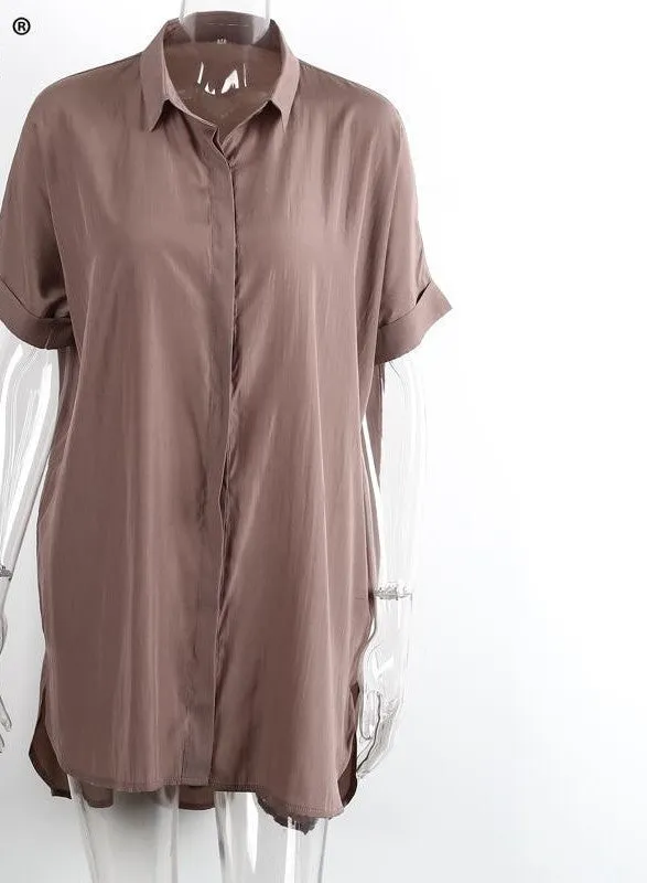 Casual side split satin dress shirt women Brief loose short sleeve office dress straight summer dress