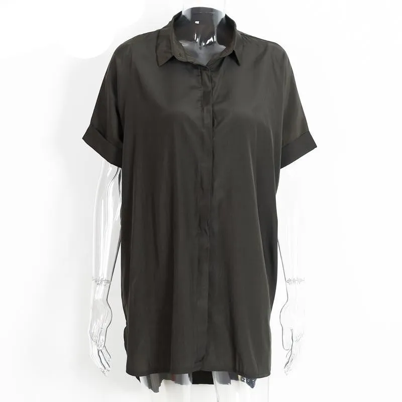 Casual side split satin dress shirt women Brief loose short sleeve office dress straight summer dress
