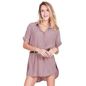 Casual side split satin dress shirt women Brief loose short sleeve office dress straight summer dress