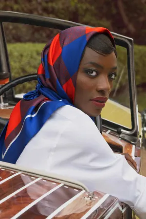 Checked Silk Twill Scarf in Blue-Red