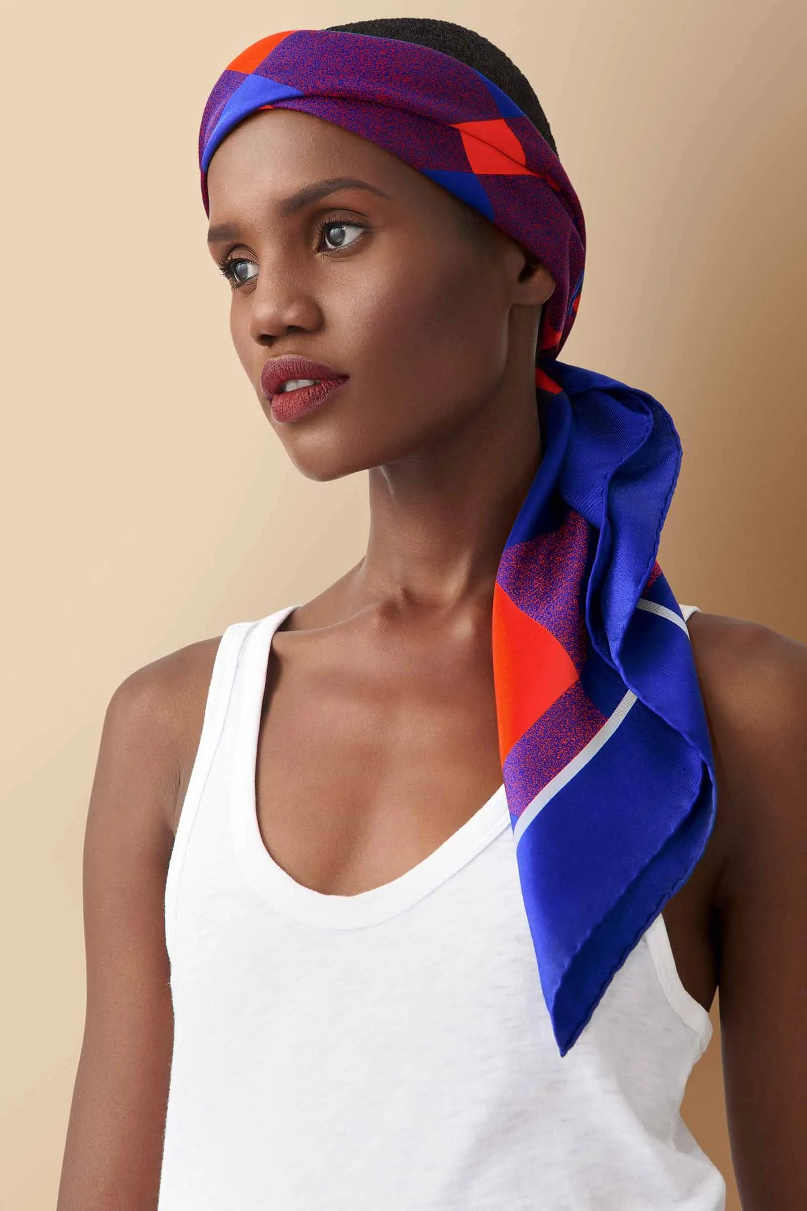 Checked Silk Twill Scarf in Blue-Red