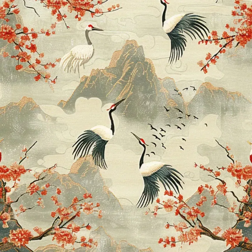 Cherry Blossom and Crane Hand Knotted Area Rug
