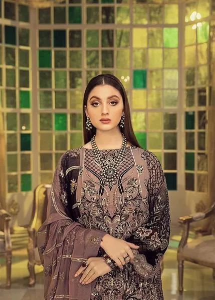 Chiffon embroidered designer dress for eid in periwinkle color # P2485
