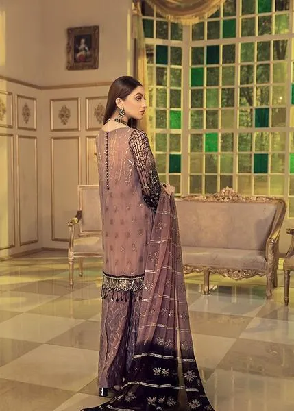 Chiffon embroidered designer dress for eid in periwinkle color # P2485