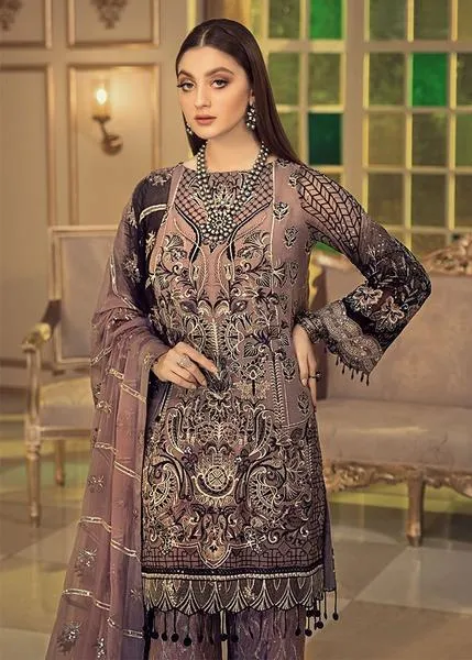 Chiffon embroidered designer dress for eid in periwinkle color # P2485