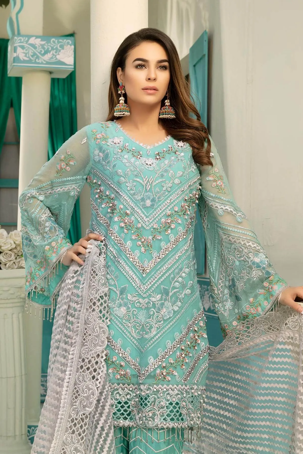 Chiffon embroidered eid dress for girls in blue and grey color # P2476