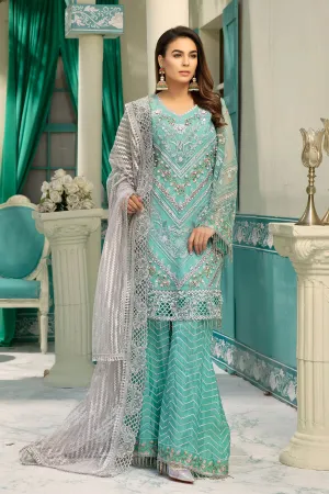 Chiffon embroidered eid dress for girls in blue and grey color # P2476
