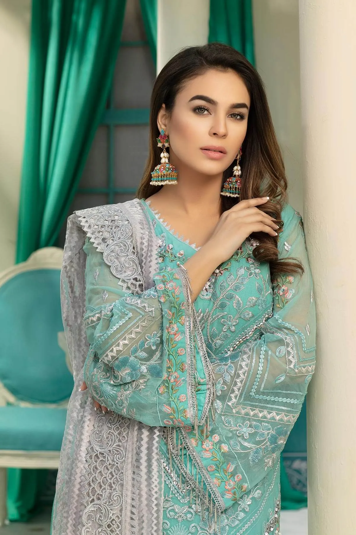Chiffon embroidered eid dress for girls in blue and grey color # P2476