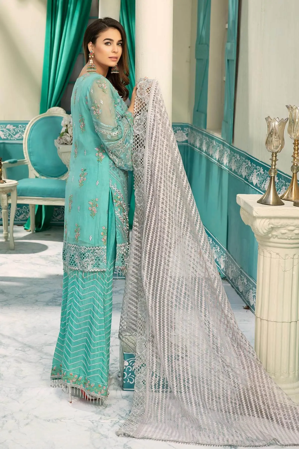 Chiffon embroidered eid dress for girls in blue and grey color # P2476