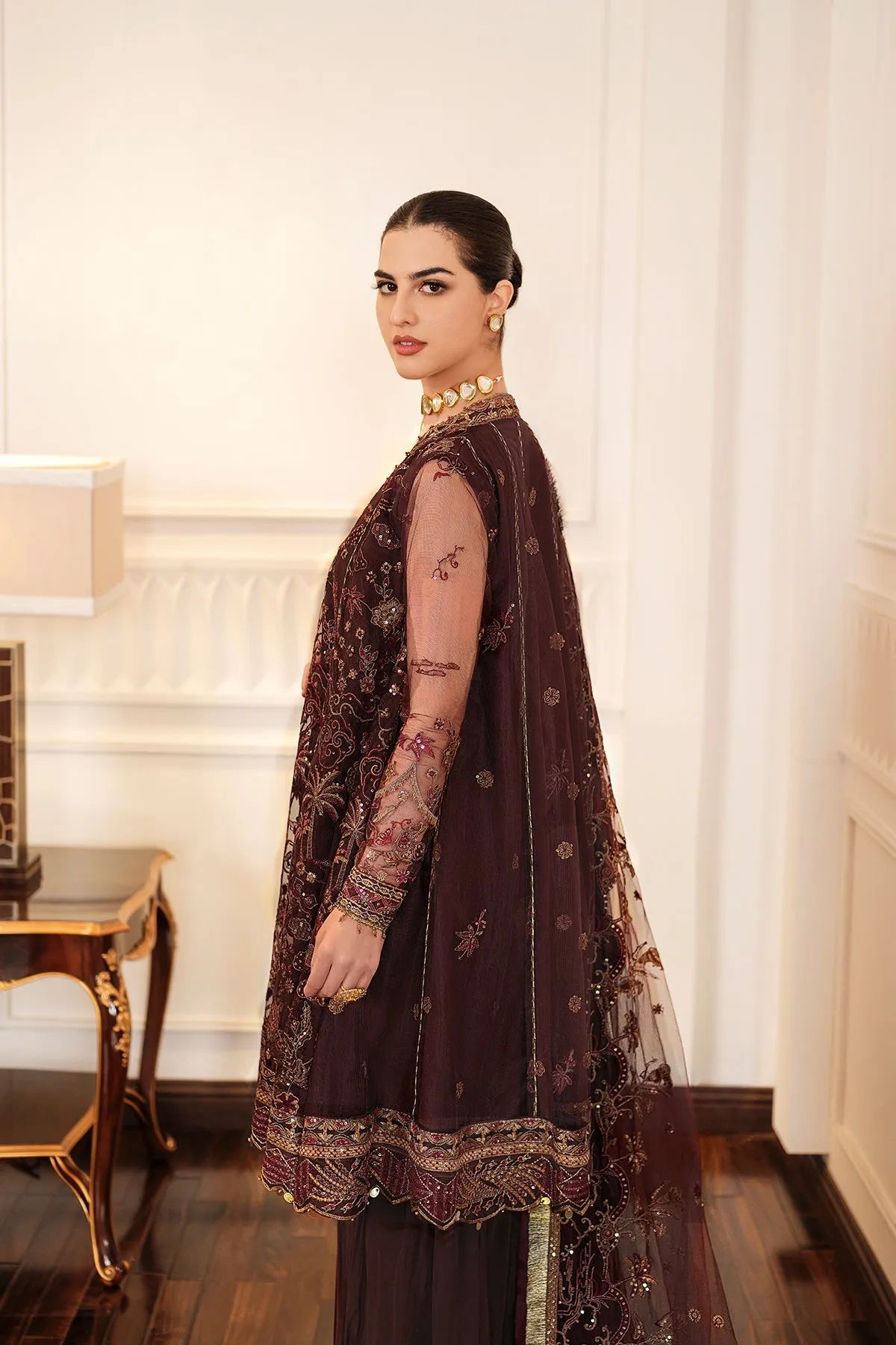 Chocolate Brown Embroidered Sharara Kameez Wedding Dress