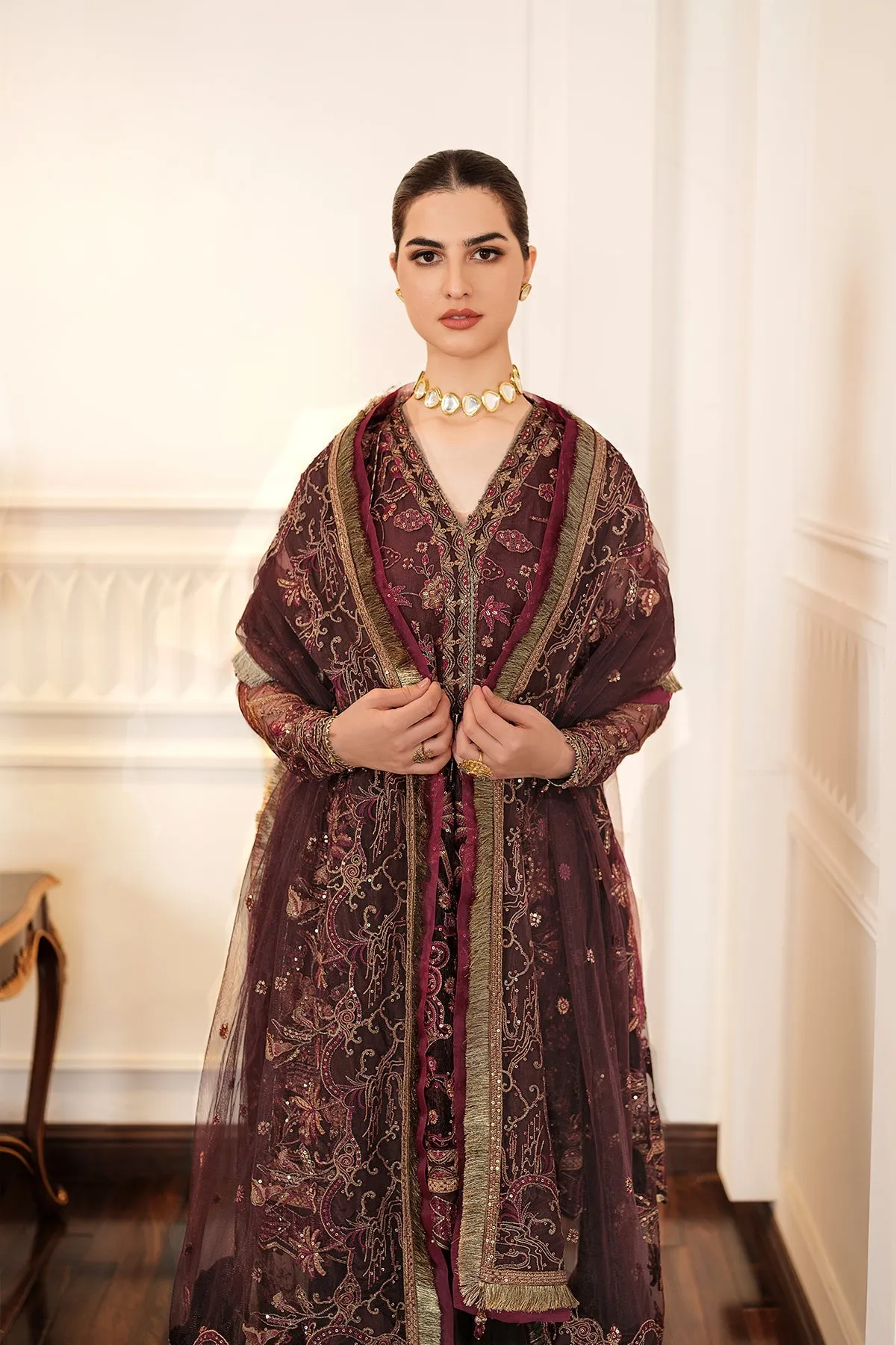 Chocolate Brown Embroidered Sharara Kameez Wedding Dress
