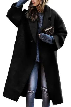 Chouyatou Women's Winter Double Breasted Midi Long Wool Coat Notch Lapel Dressy Casual Winter Trench Coat