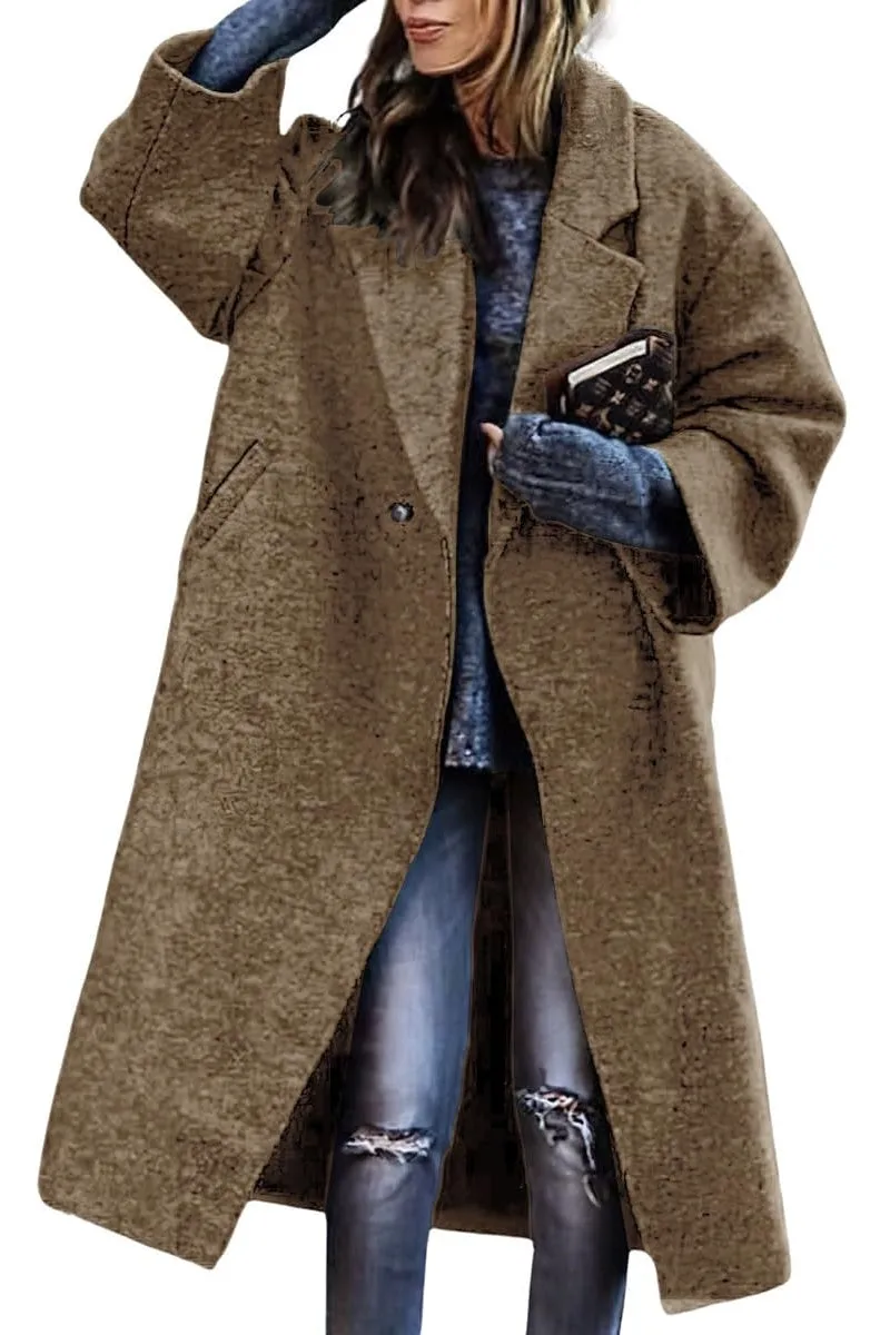 Chouyatou Women's Winter Double Breasted Midi Long Wool Coat Notch Lapel Dressy Casual Winter Trench Coat