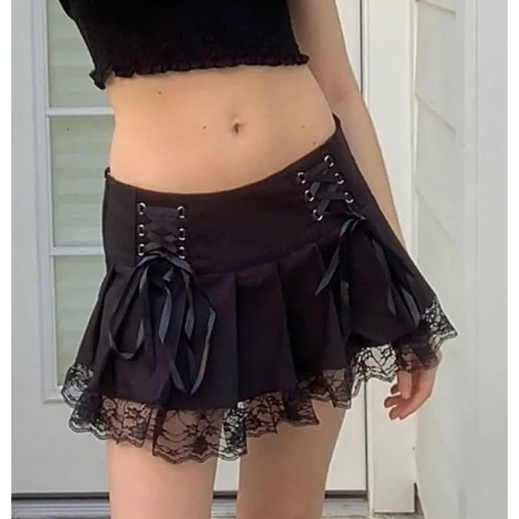 ContiNent 33 Lace Mini Pleated Skirt Women Punk Y2K Aesthetic High Waist A-Line Short Skirt 90s Vintage Streetwear
