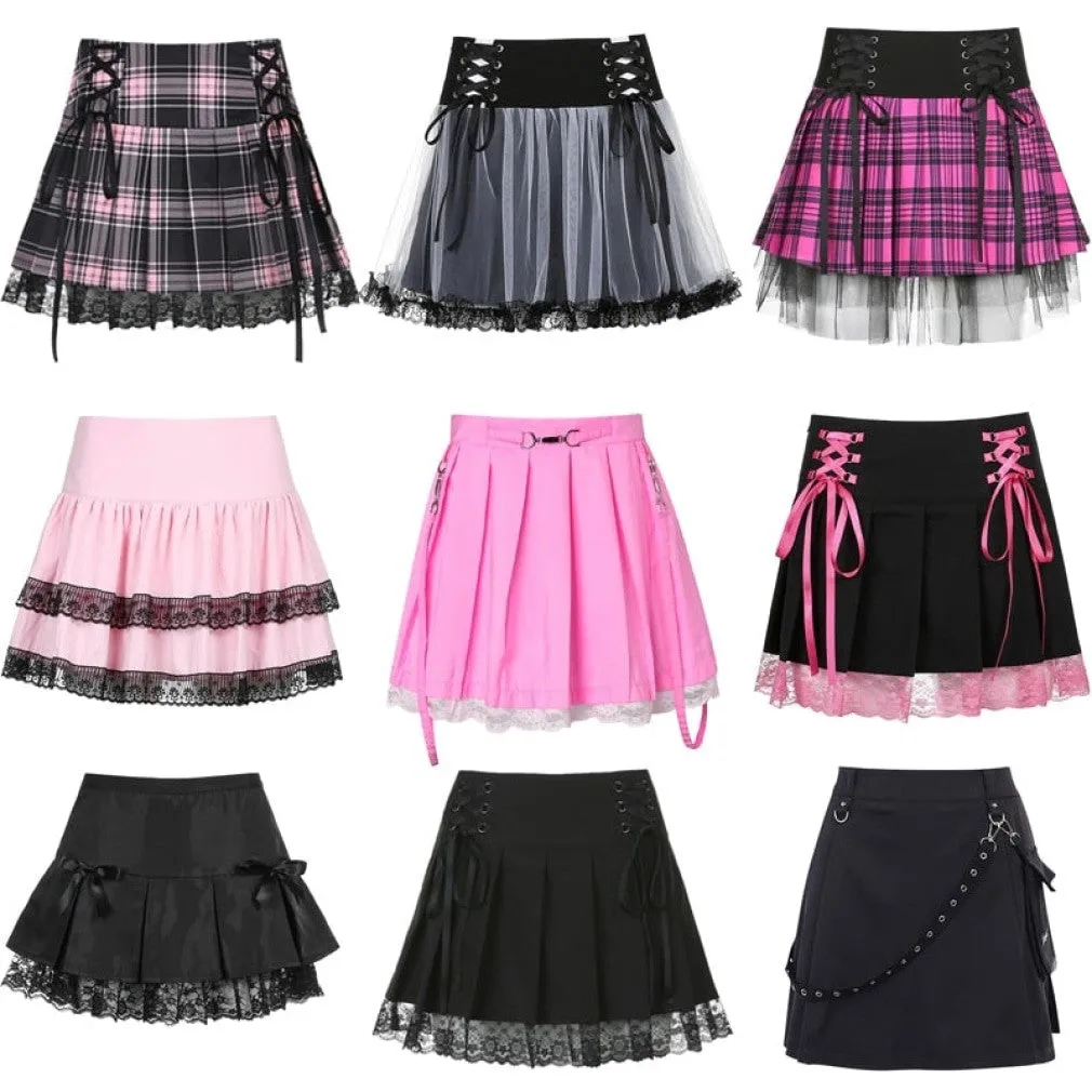 ContiNent 33 Lace Mini Pleated Skirt Women Punk Y2K Aesthetic High Waist A-Line Short Skirt 90s Vintage Streetwear