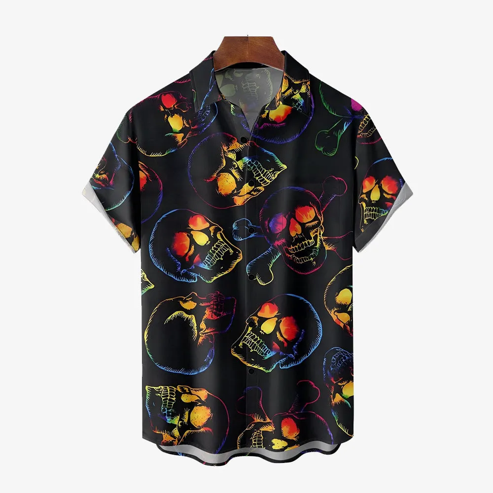 Cool Men's Skull Print Bamboo Linen Short Sleeve Shirt