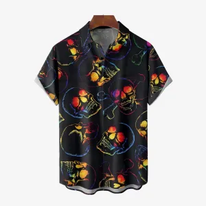 Cool Men's Skull Print Bamboo Linen Short Sleeve Shirt