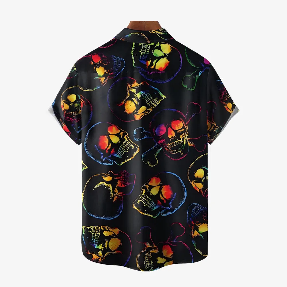 Cool Men's Skull Print Bamboo Linen Short Sleeve Shirt