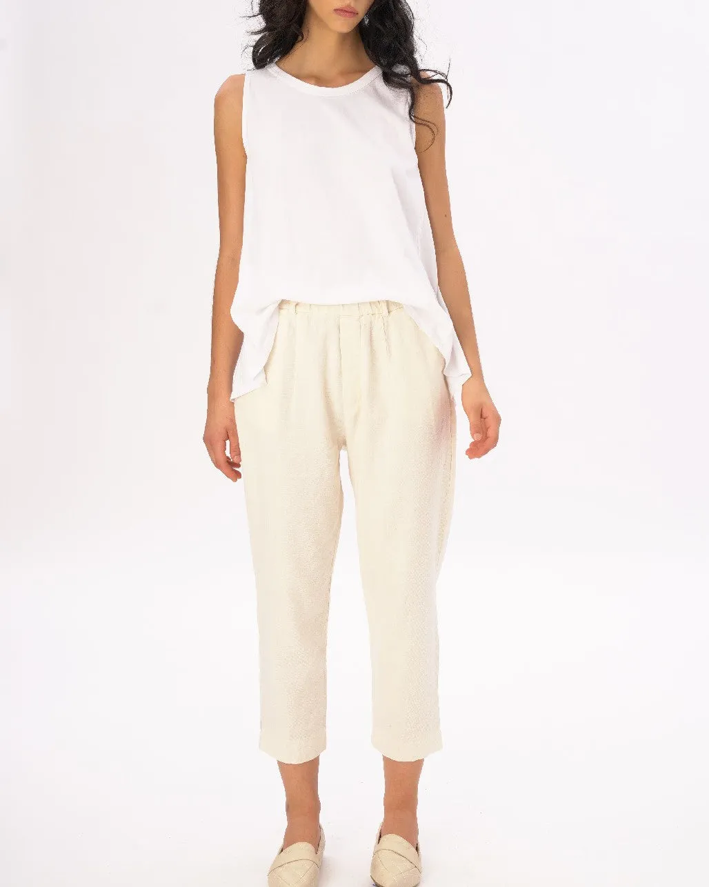 Cream Cotton Linen Elastic Chino Pants