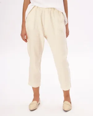 Cream Cotton Linen Elastic Chino Pants