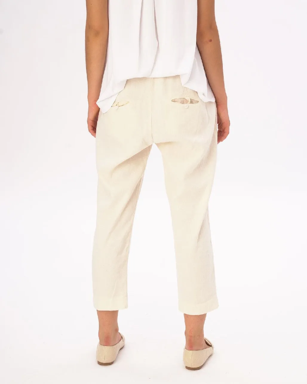 Cream Cotton Linen Elastic Chino Pants
