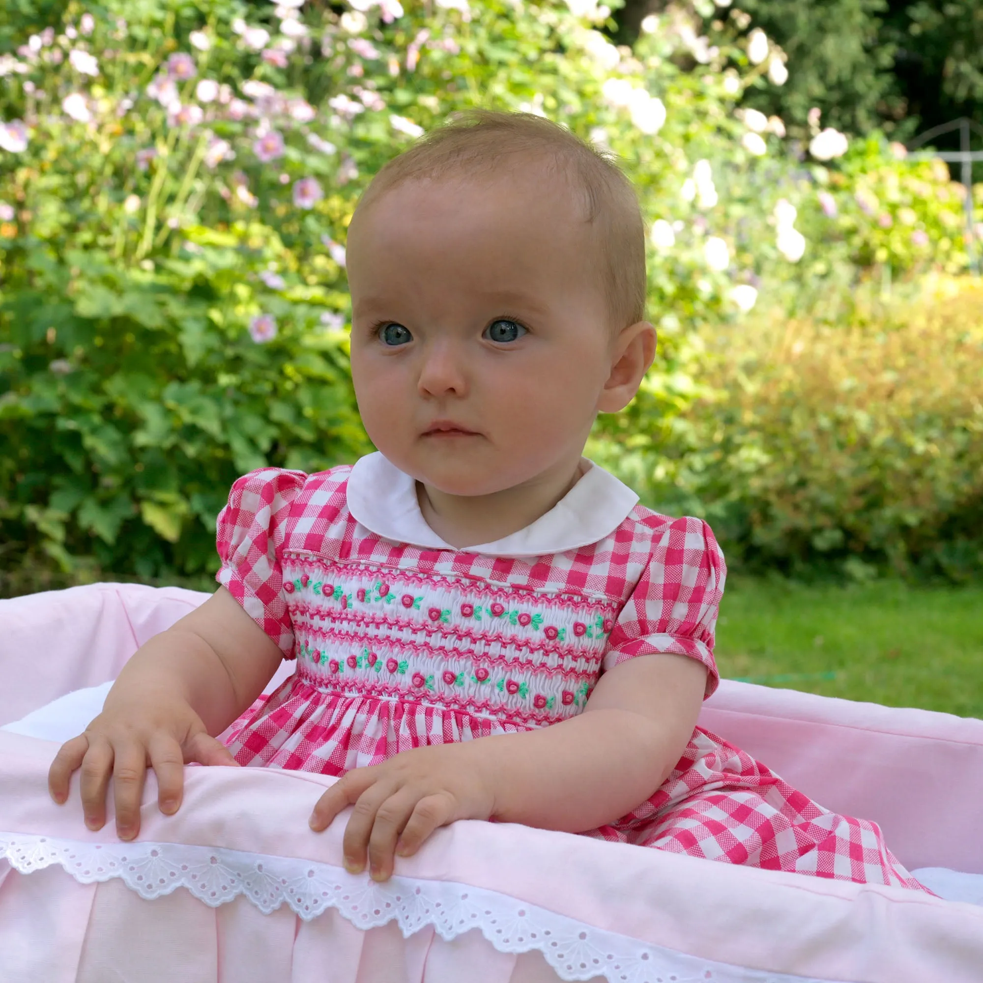 Daisy Check Smocked Dress & Bloomers, Pink