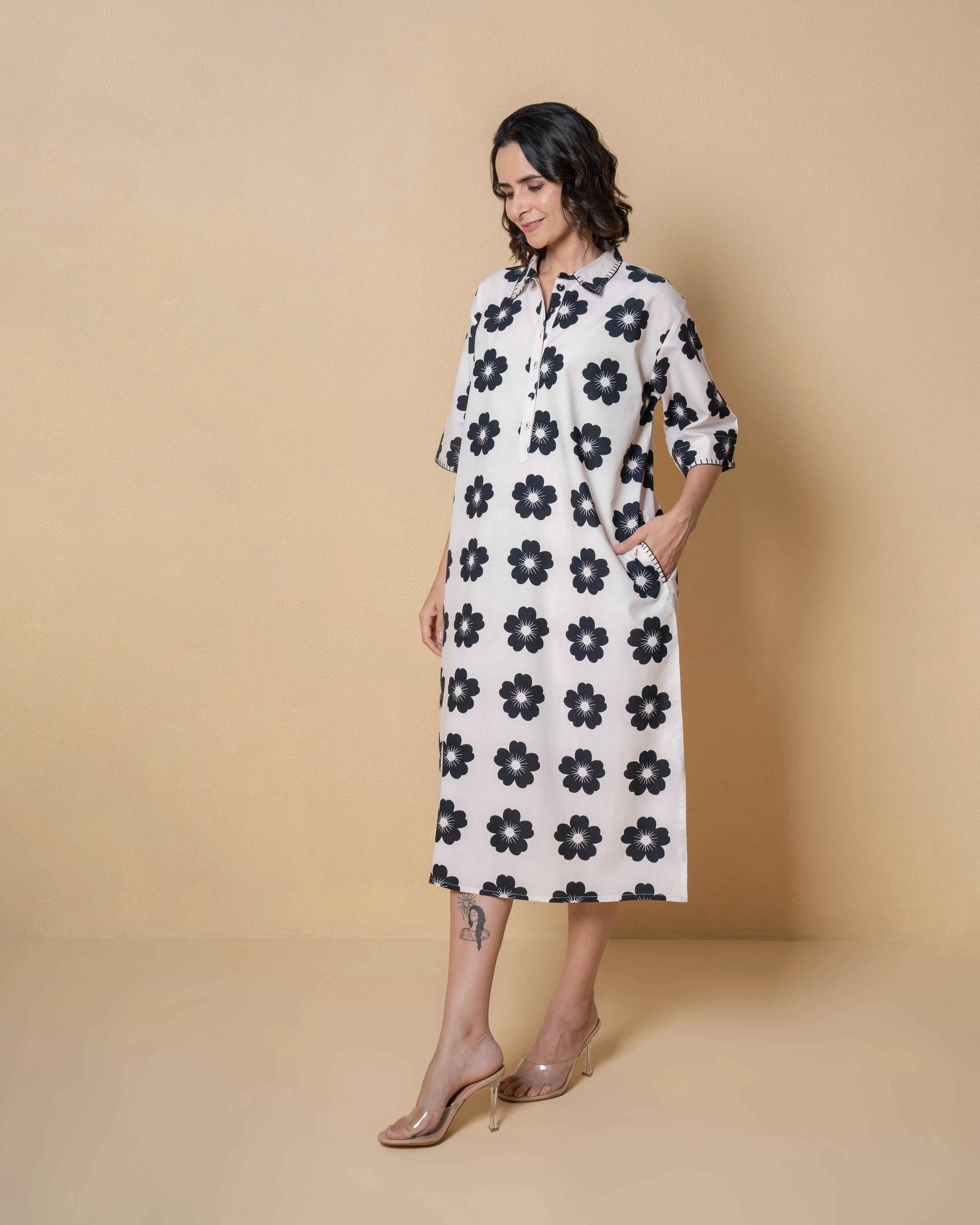 Dark Bloom Digital Print White Modal Cotton Dress