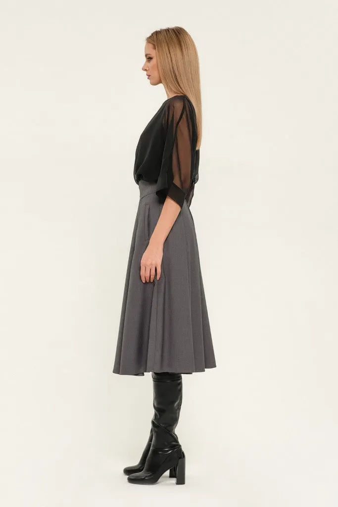 Dark grey Day Cirkle High Waist Below Knee Skirt with Pockets