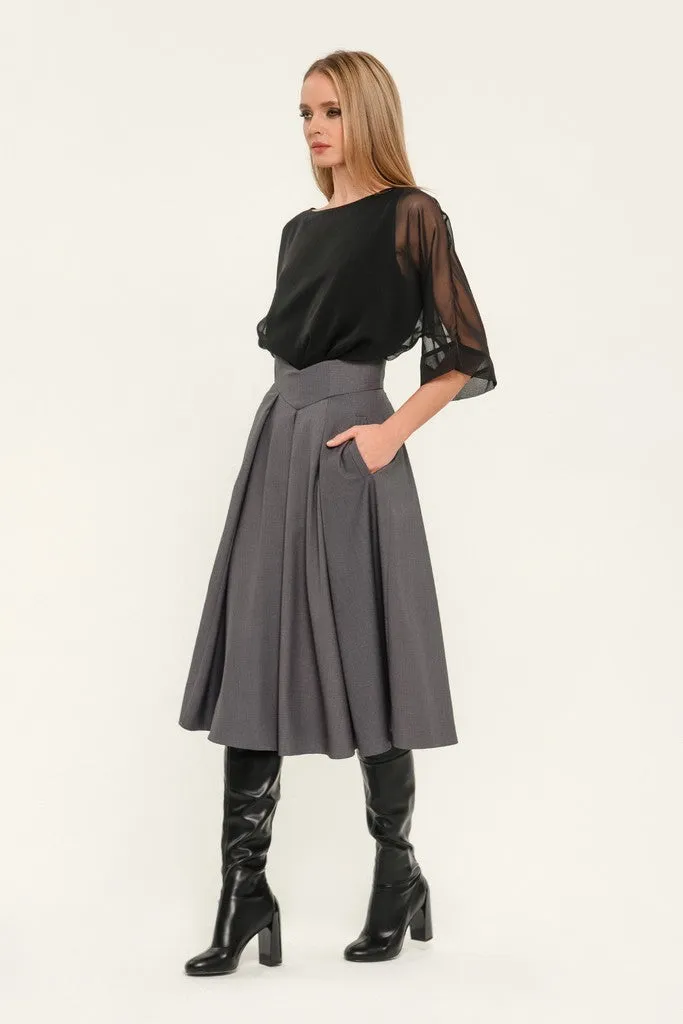 Dark grey Day Cirkle High Waist Below Knee Skirt with Pockets